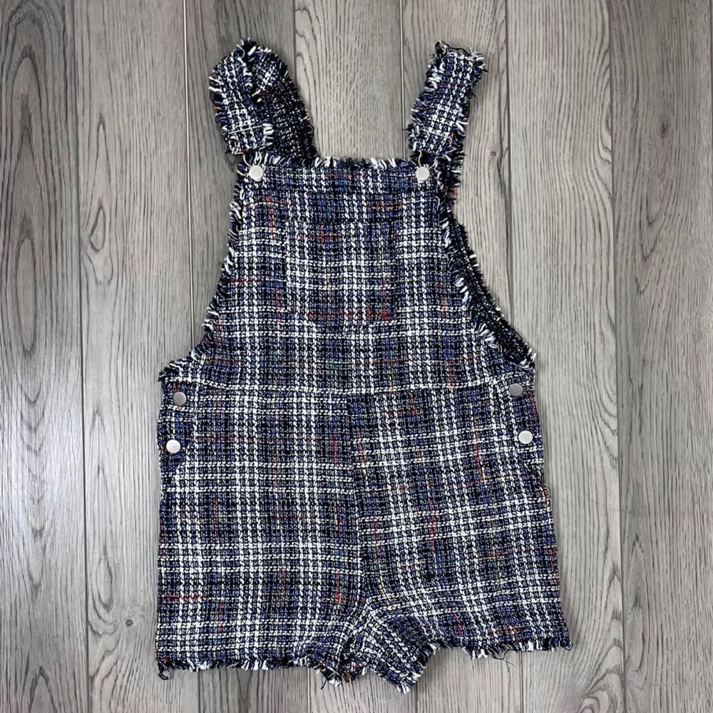 Storia Women Size M Blue Cotton Plaid Tweed Shortalls Short Bib Overall Preppy